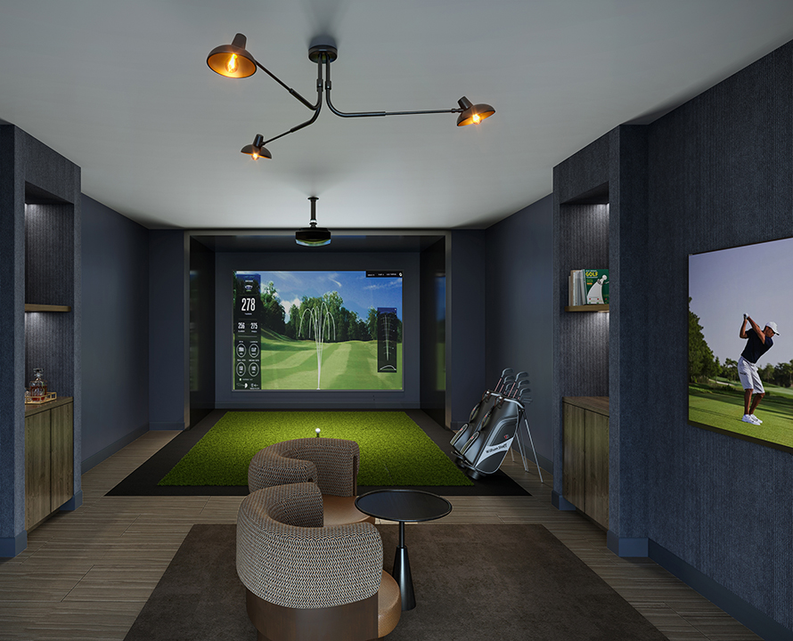 Indoor golf simulator room featuring a large screen, golf clubs, seating area, and modern lighting, creating a stylish and immersive experience.