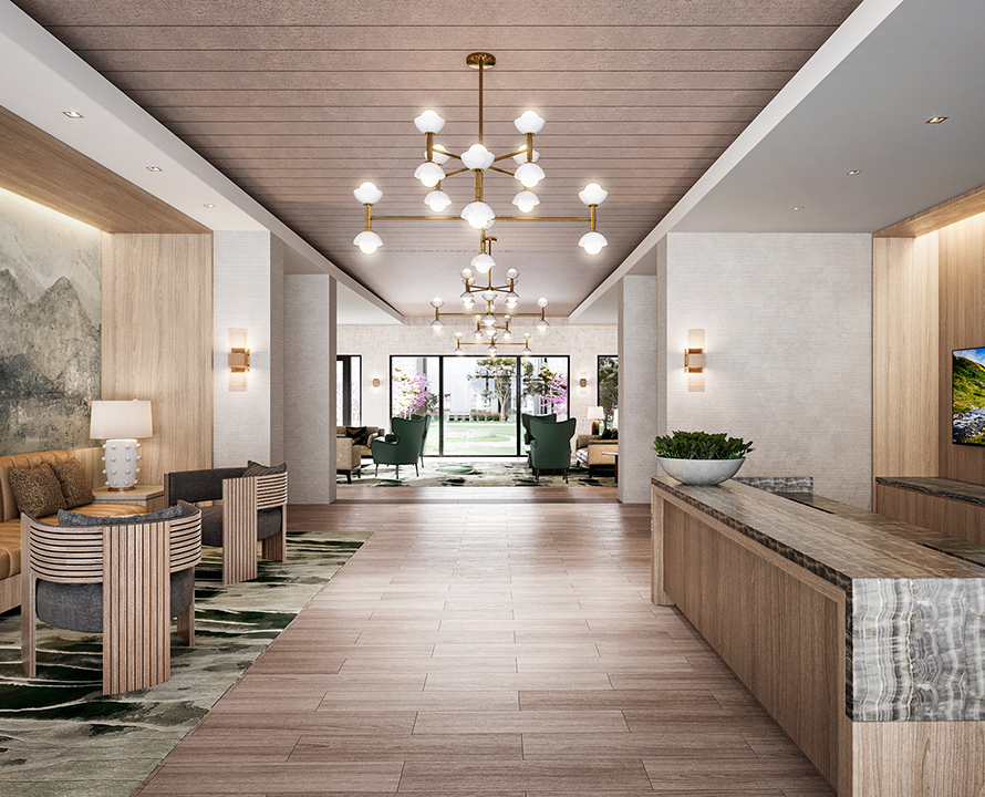 Modern hotel lobby with wooden accents, chandeliers, and comfortable seating. Large windows show a garden view. No identifiable people or landmarks.