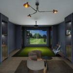 A modern indoor golf simulator room features comfortable seating, a large screen displaying a course, golf clubs, and framed golf-themed artwork.
