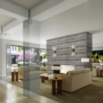 Modern, spacious living room with elegant beige sofas, large windows, and view of blooming tree outside. Stylish lighting and decorative bookshelf.