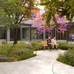 A picturesque courtyard with blooming trees, people sitting and standing, surrounded by modern architectural buildings and lush greenery, under a clear sky.