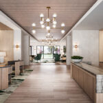 Modern hotel lobby with elegant chandeliers, wood accents, and comfortable seating. The room features a large landscape painting and a reception desk.