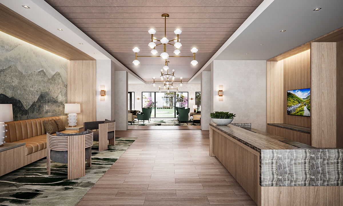 Modern hotel lobby with elegant chandeliers, wood accents, and comfortable seating. The room features a large landscape painting and a reception desk.