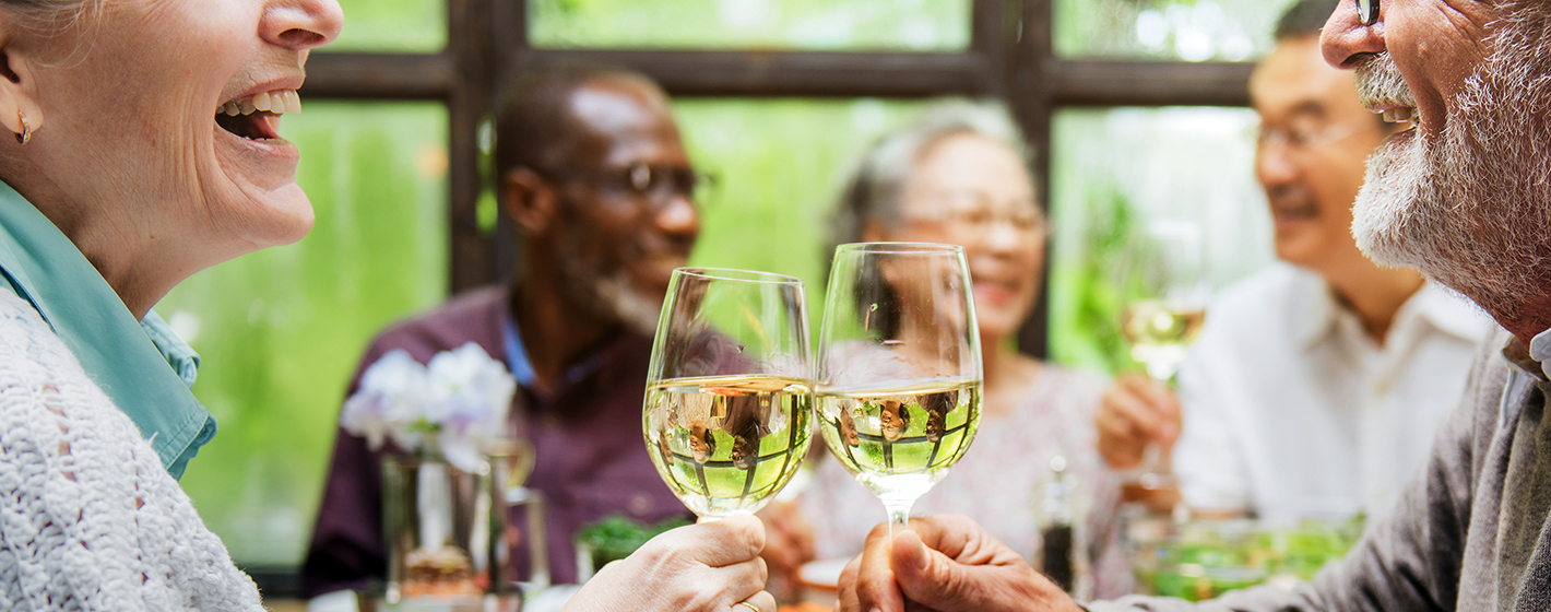 Five persons enjoying a meal, smiling and toasting with wine glasses at a bright indoor setting with green outdoor scenery visible.
