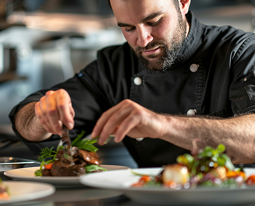 A person in a chef's uniform artfully plates gourmet dishes, focusing intently in a professional kitchen setting.